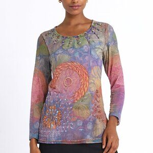 Y2K Whimsigoth Fairy Grunge Shirt Large Rainbow Sheer Floral Beaded Sequin